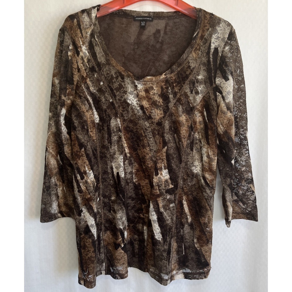 Amanda Matthews Brown Black Lace Sheer Long Sleeve Top Size XL/TG